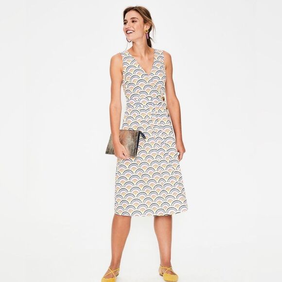 BODEN Arwen Cream Sunshine Print Sleeveless Cotton, Linen Midi Dress Size 14 - Picture 1 of 11